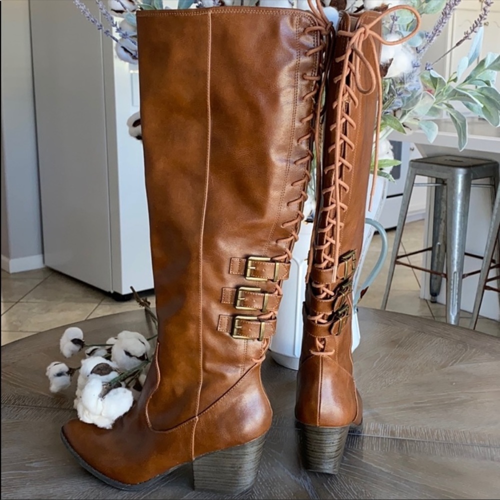 COCONUTS BY MATISSE WOMEN'S HEEL LACE-UP TIGRESS WESTERN TALL BOOTS Cognac six 6
